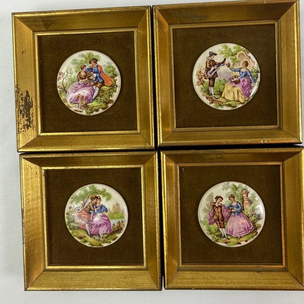 Vintage Fragonard Limoges Style Porcelain Cameo Plaques Gold Frames Set of 4